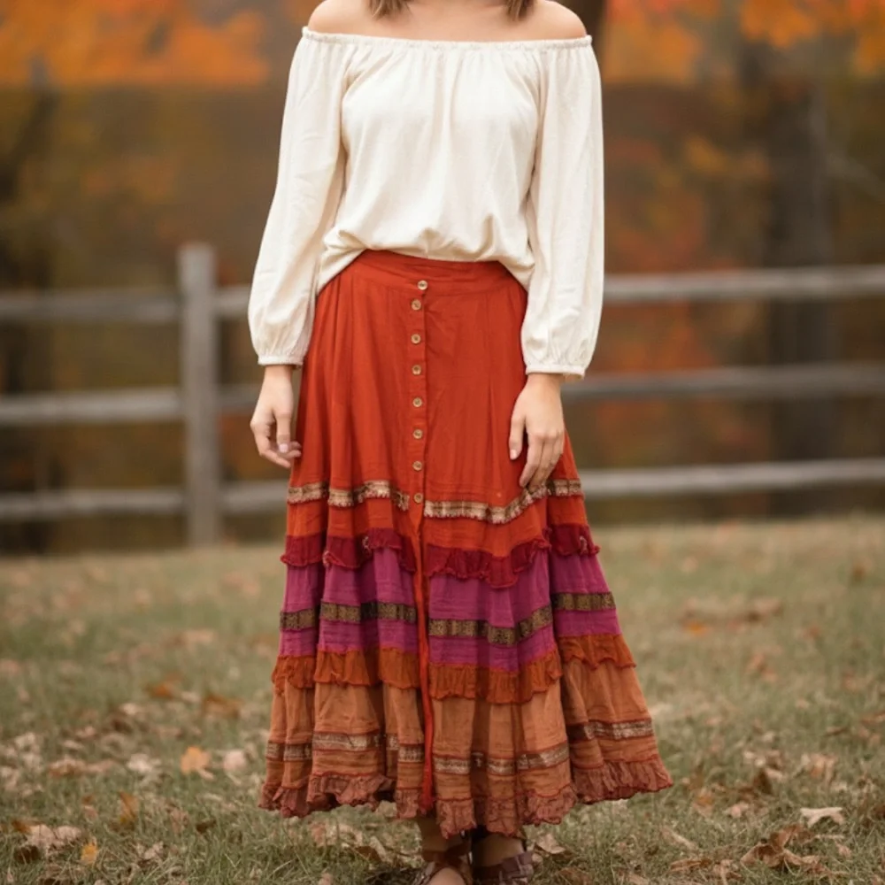 Paul Ropp Bohemian Red and Orange Button-Down Skirt‎ Size XS